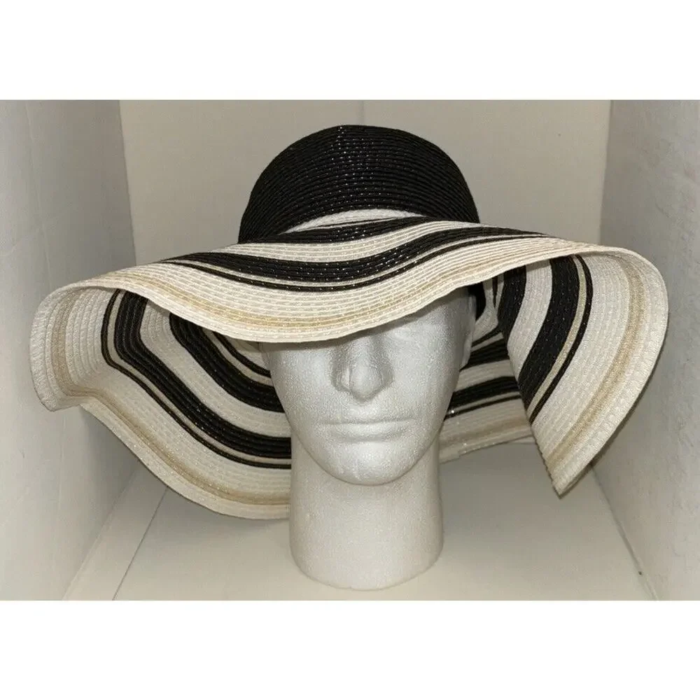 INC International Concepts Striped Wide Brim Floppy Sun Hat Black‎ White Tassel